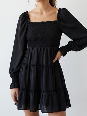 Mismi Black Ruffled Tiered Long Sleeve Mini Dress Large